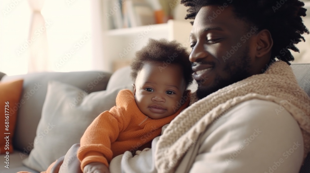 A black father and infant enjoy a loving embrace at home. A black father and infant enjoy a loving embrace at home.