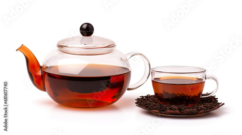 On a stark white background, black tea is isolated in a teapot and cup with dry tea.