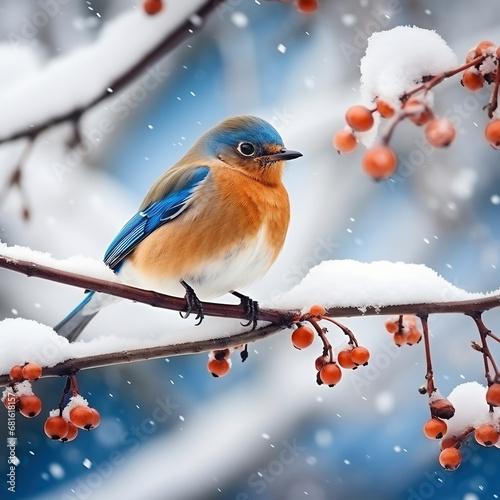 Eurasian Bluebird (Sialia sialis) sitting on a branch covered with snow and berry