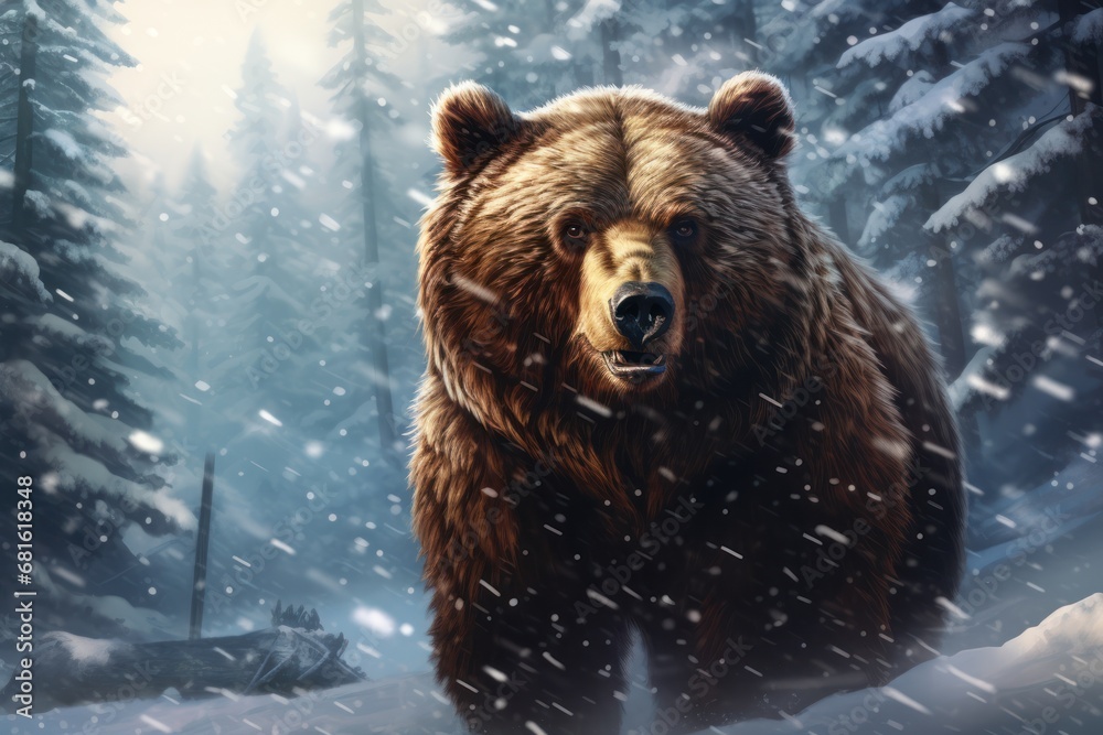 a painting of a brown bear in a snowy forest with snow falling off the trees and snow falling off the ground and snow falling off the trees and snow on the ground. a painting of a brown bear in a snowy forest with snow falling off the trees and snow falling off the ground and snow falling off the trees and snow on the ground.