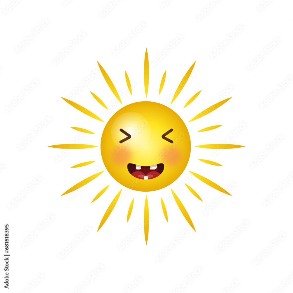 sun funny face emotion vector icon isolated on white, summer sunlight sky, bright sun.