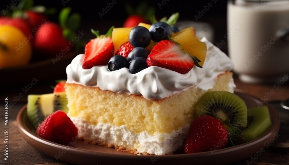 Fresh berry cheesecake slice with whipped cream and chocolate decoration generated by AI Fresh berry cheesecake slice with whipped cream and chocolate decoration generated by AI