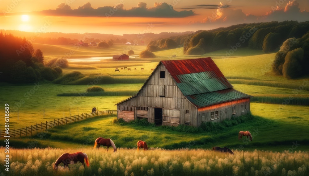 Peaceful Pastures and Grazing Horses Silhouetted at Golden Hour by a Barn Sheltering Lush Fields Peaceful Pastures and Grazing Horses Silhouetted at Golden Hour by a Barn Sheltering Lush Fields