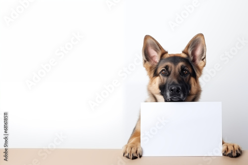 german shepherd dog holding a blank poster card with ad space © Elaine Guinther