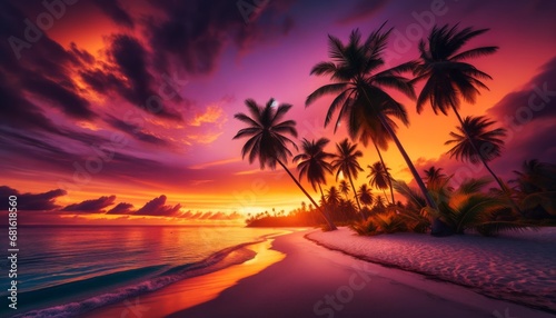 Tropical Sands Ablaze at Dusk, Palms Swaying as Waves Sparkle under Vibrant Orange and Pink Skies Generated Image © Jakkarin