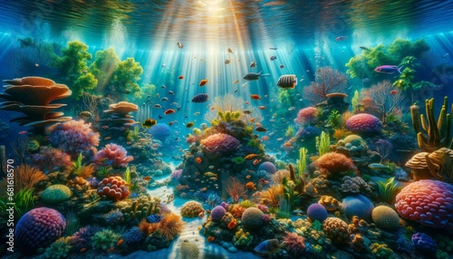 Tropical Flora and Fauna Abloom in Sunlit Waters on a Serene Coral Reef Generated Image