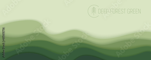 Deep forest green waves, paper art banner. Nature greenery color poster template in papercut style. Vector illustration EPS 10.