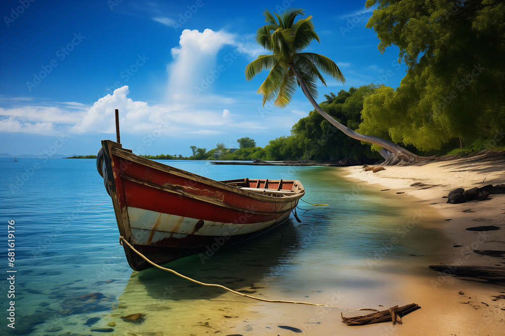 old longtail boat on the beach at paradise island. wallpaper or background for tourism and travelling ad campaign.