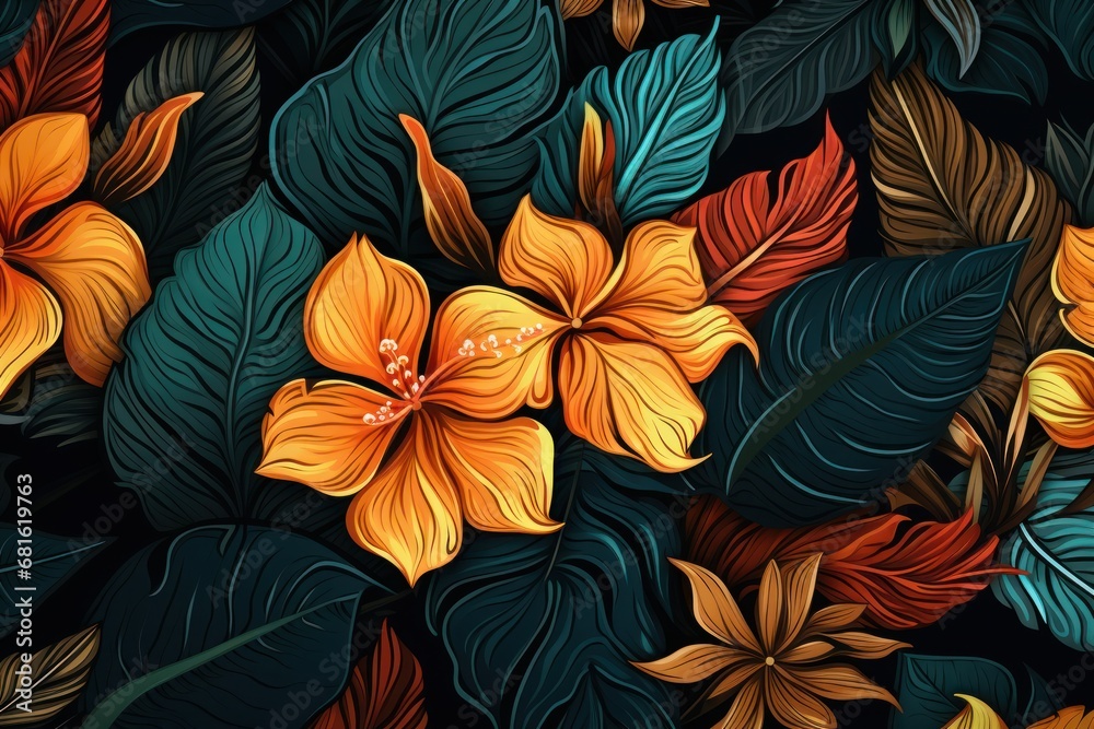  a close up of a bunch of flowers on a black background with orange, yellow and green leaves on the bottom and bottom of the flowers on the bottom of the petals.