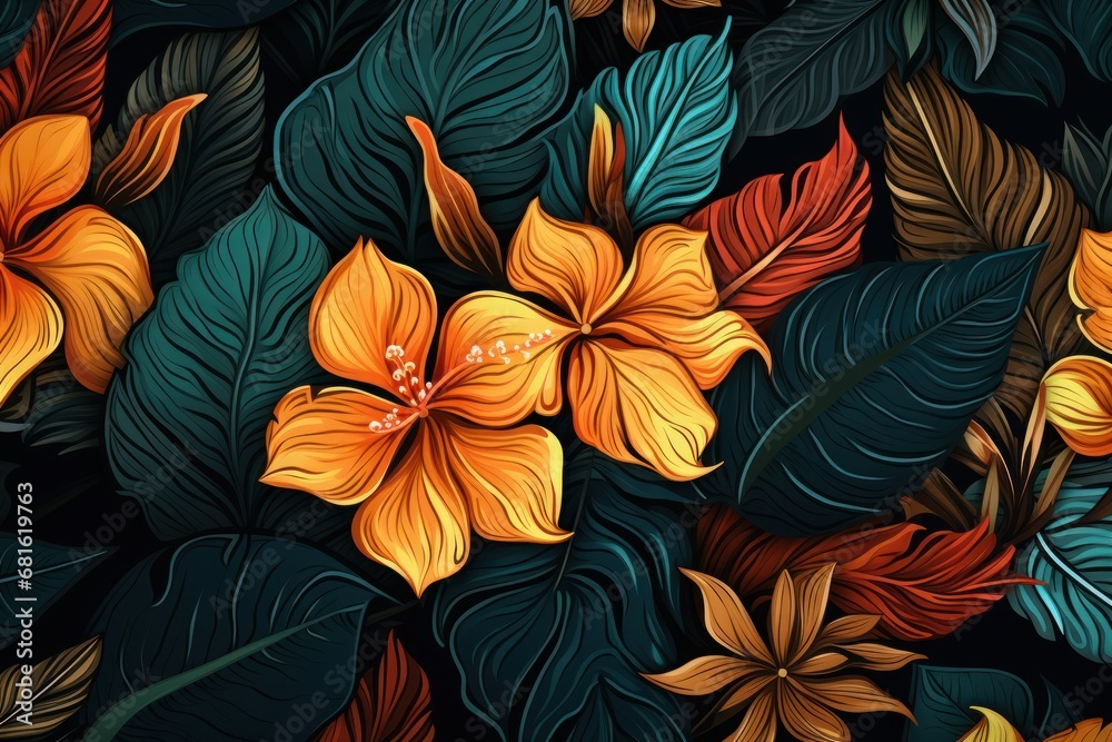 a close up of a bunch of flowers on a black background with orange, yellow and green leaves on the bottom and bottom of the flowers on the bottom of the petals. a close up of a bunch of flowers on a black background with orange, yellow and green leaves on the bottom and bottom of the flowers on the bottom of the petals.