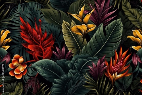  a close up of a bunch of different colored flowers and leaves on a black background with red, yellow, orange, and green leaves on the bottom right side of the image. © Shanti