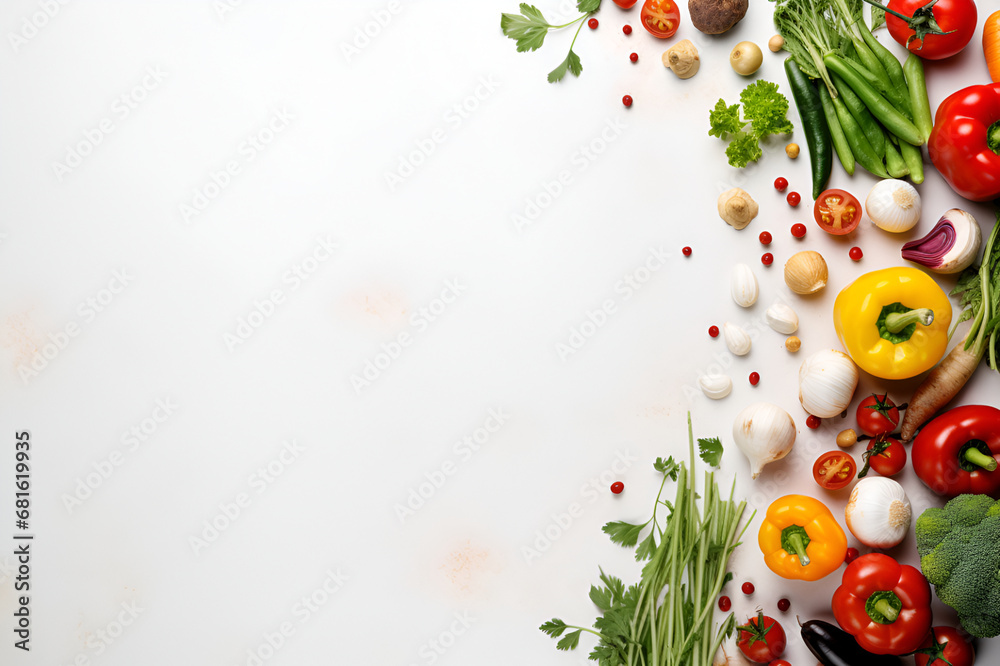 Layout of vegetables on a light background with space for text and design. - obrazy, fototapety, plakaty 