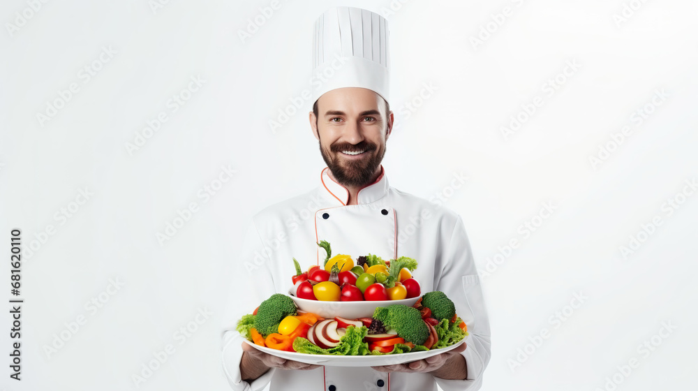 Vegetable salad is held by a chef wearing a white outfit against a stark white background. Vegetable salad is held by a chef wearing a white outfit against a stark white background.