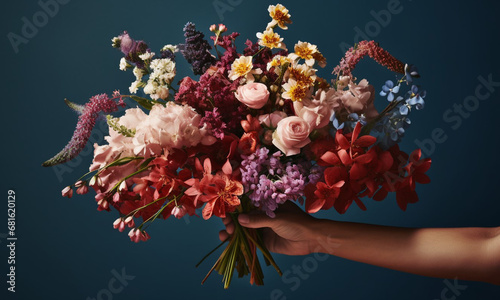 A hand holds a bouquet of flowers on a blue background