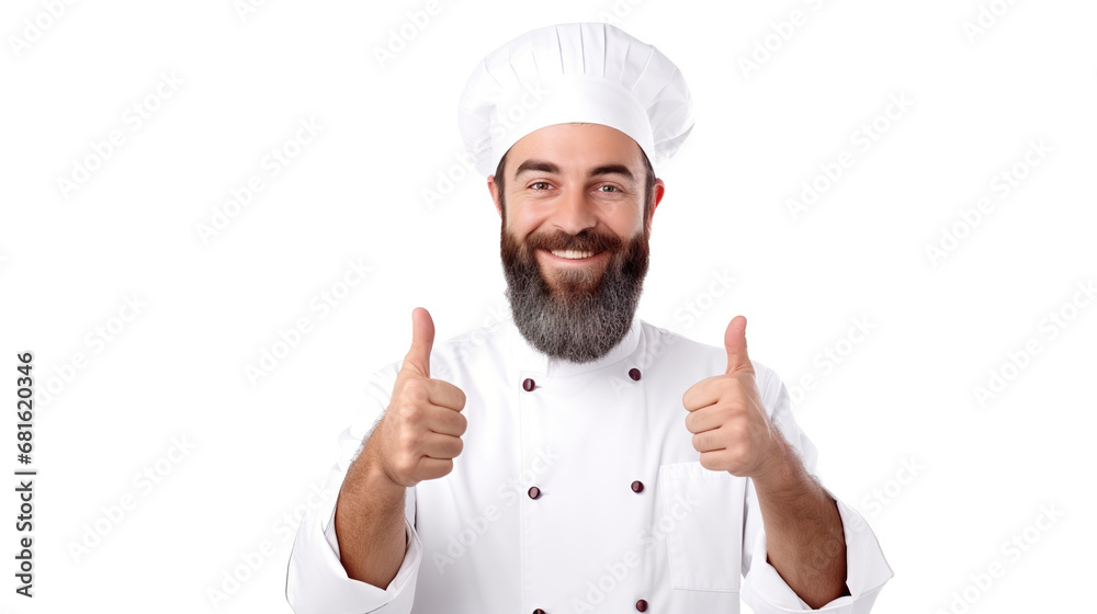 Chef gestures okay against an isolated white background.