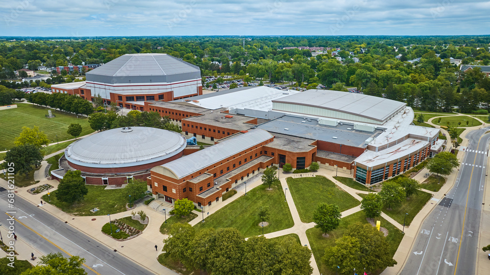 Worthen Arena aerial Ball State University campus in Muncie, Indiana on summer day