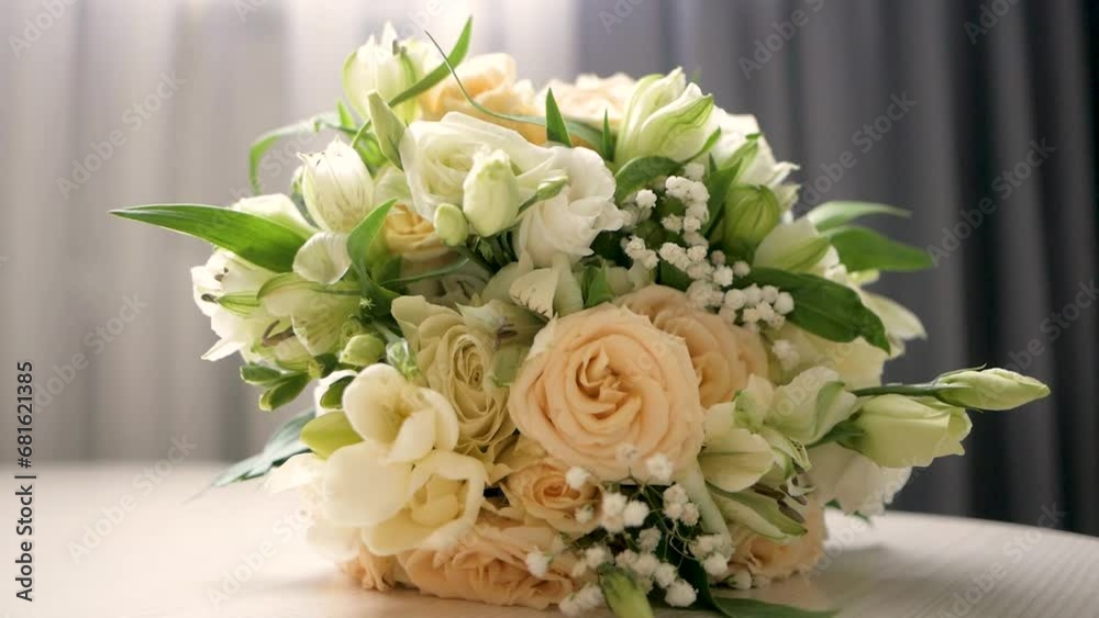 Delicate bridal bouquet of white and pink roses on table Delicate bridal bouquet of white and pink roses on table