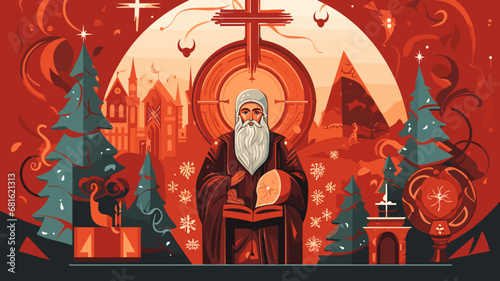 copy space, simple vector illustration, orthodox new year. Background illustration for the Orthodox New Year celebration. Orthodox priest. Design for greeting card.