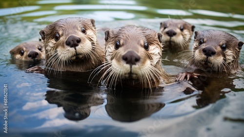 A family of otters swimming together in a clear stream.