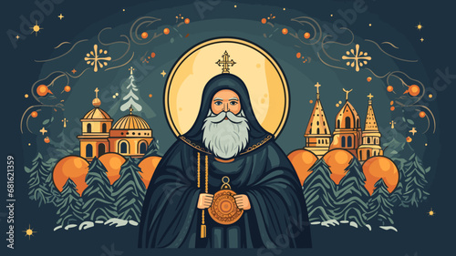copy space, simple vector illustration, orthodox new year. Background illustration for the Orthodox New Year celebration. Orthodox priest. Design for greeting card.