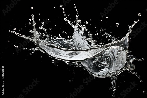 a black and white photo of water splashing on top of each other, with a black back ground and a black back ground with water splashing on top.