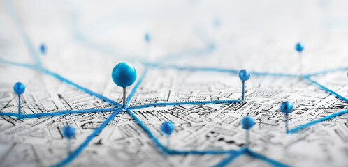 Find your way. Location marking with a pin on a map with routes. Adventure, discovery, navigation, communication, logistics, geography, transport and travel theme concept background.