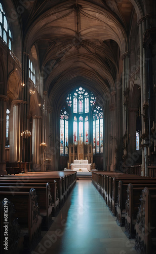 A cathedral interior with beautiful strain glass.