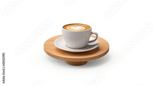 A smaller circular table with a cup of coffee is isolated on a pure white background. 