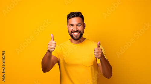hombre con barba, sonriendo y apuesto con los pulgares arriba, haciendo una señal positiva  photo