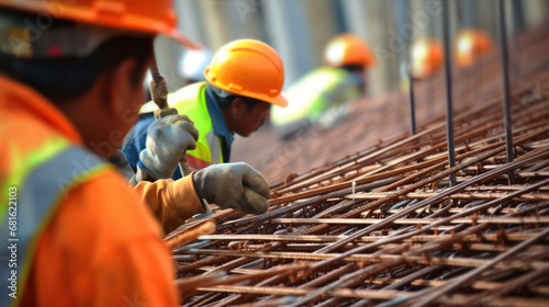 Steel Reinforcement: Construction workers securing steel bars