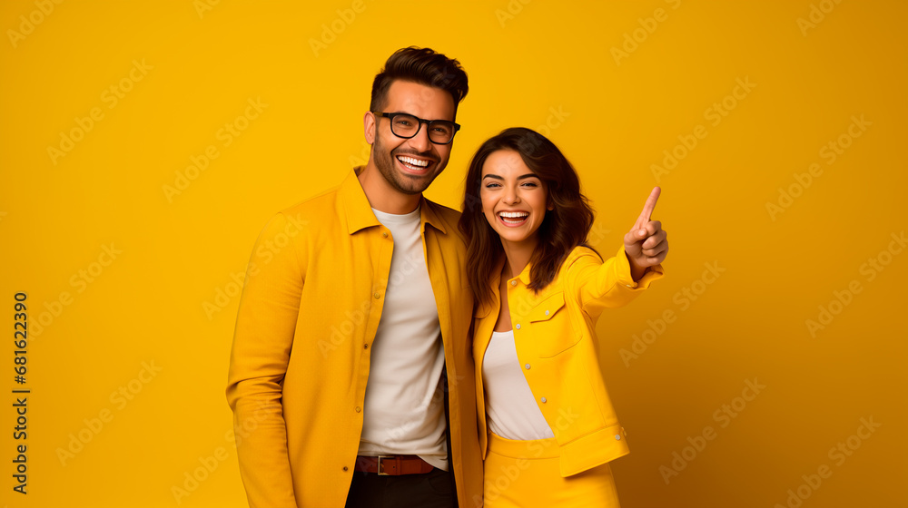 pareja feliz de latinos señalando en un fondo amarillo  - obrazy, fototapety, plakaty 