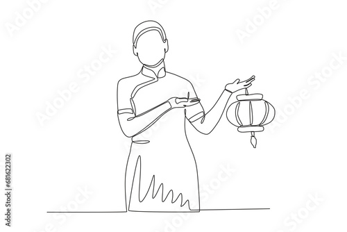 A woman holding a beautiful lantern. Chinese new year one-line drawing