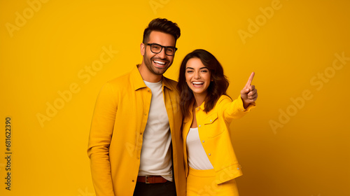 pareja feliz de latinos señalando en un fondo amarillo  photo
