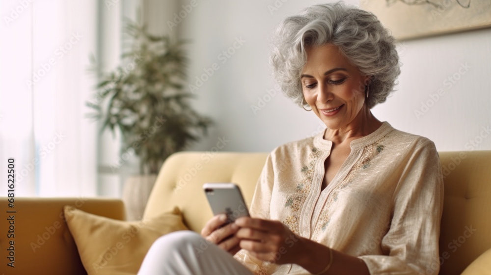 The senior lady looks content while sitting on the sofa and browsing her smartphone at home. The senior lady looks content while sitting on the sofa and browsing her smartphone at home.