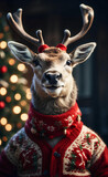 A cute smiling reindeer with Christmas sweater.
