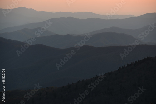 The mountains of the Great Smoky Mountains National Park as darkness approaches
