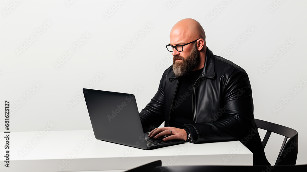 hombre mayor sin cabello, con barba, talla grande y lentes, trabajando en una computador sobre un fondo blanco hombre mayor sin cabello, con barba, talla grande y lentes, trabajando en una computador sobre un fondo blanco