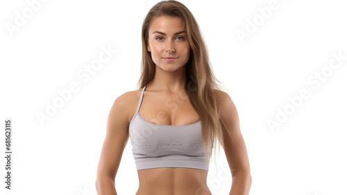 girl wearing sportswear and having a lot of abdominal muscle is isolated on a white background. © Dilshad