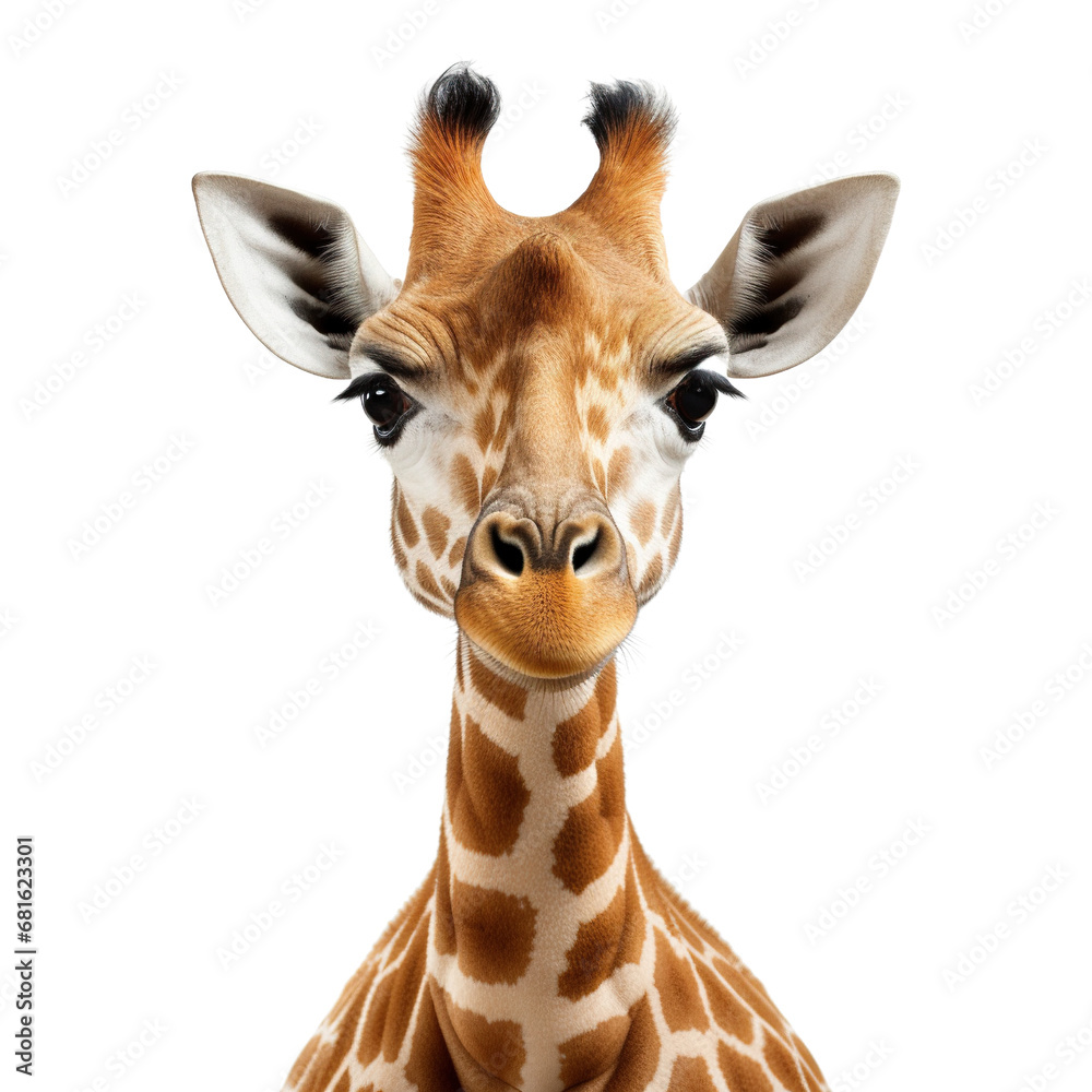 Portrait of giraffe keep head down isolated on a white background