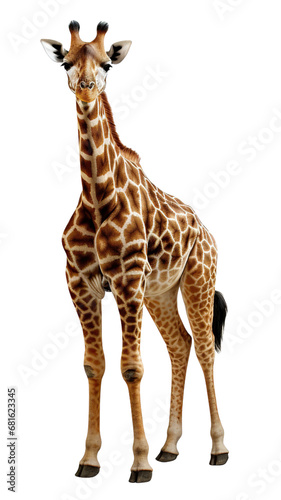 Full body giraffe keep head down isolated on a white background