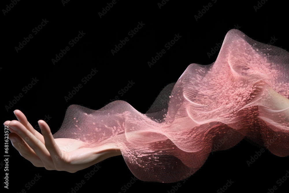  a close up of a person's hand holding a piece of material in front of a black background with a blurry image of a wave of pink fabric. - obrazy, fototapety, plakaty 