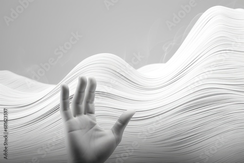  a person's hand in front of a wave of white paper with a black and white image of a hand in front of a wave of white paper with a black and white background.