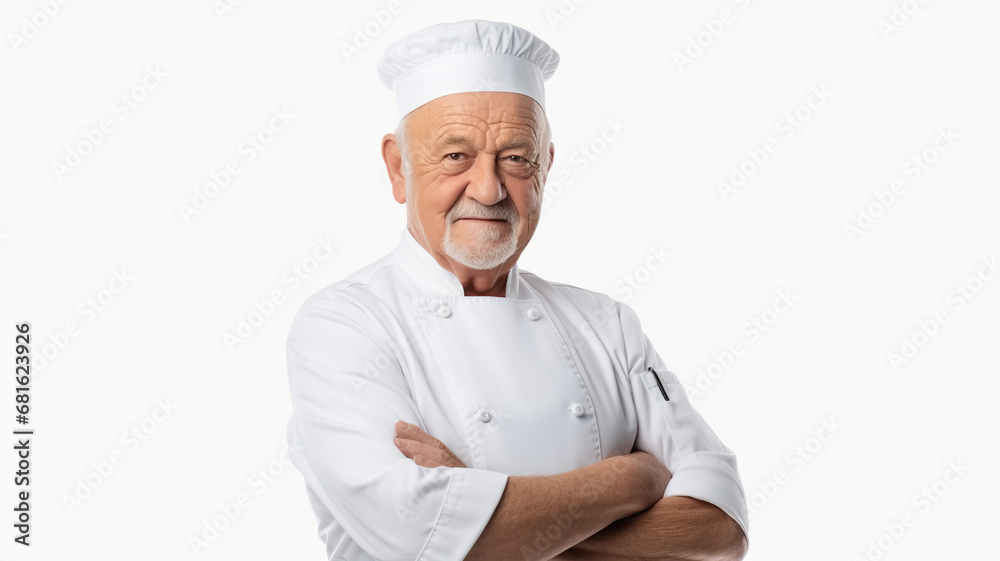 a satisfied older cook with crossed arms, isolated on a white background