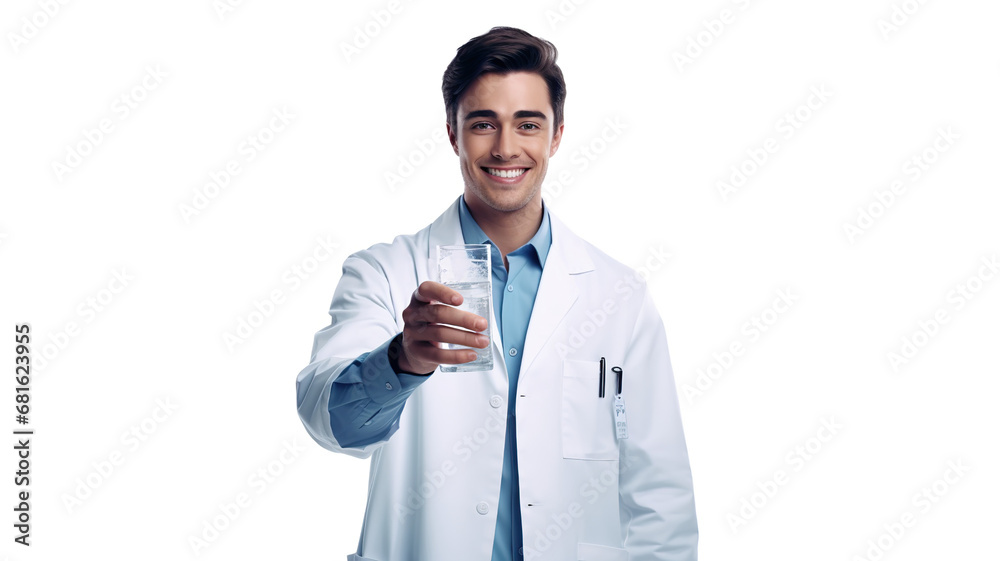 a happy male physician delivering water to her patient in a lonely white background a happy male physician delivering water to her patient in a lonely white background