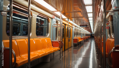 Inside of subway train, passenger waits on illuminated platform generated by AI photo