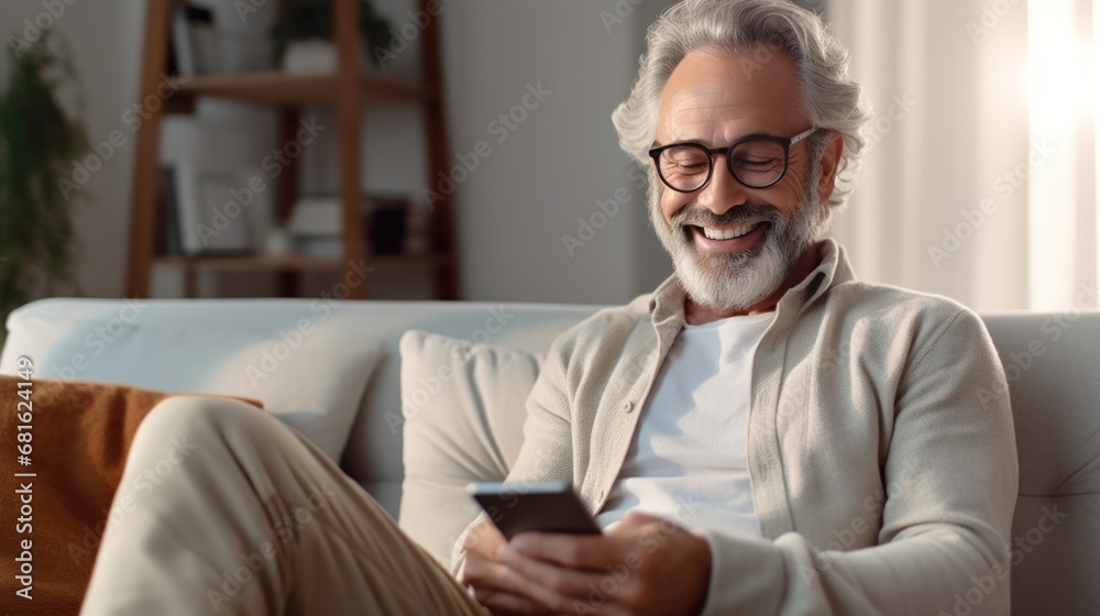 Elderly man relaxes on the sofa, browsing his smartphone.