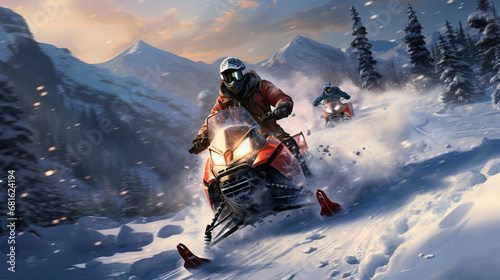 Snowmobiling Adventure in Mountainous Snowy Areas