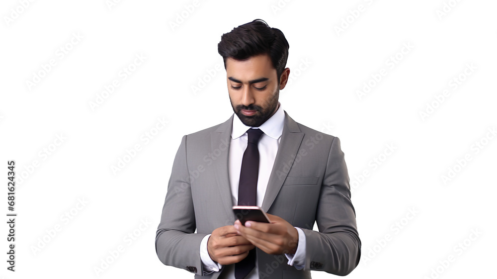A gorgeous businessman using a smartphone is isolated in a pure white background A gorgeous businessman using a smartphone is isolated in a pure white background