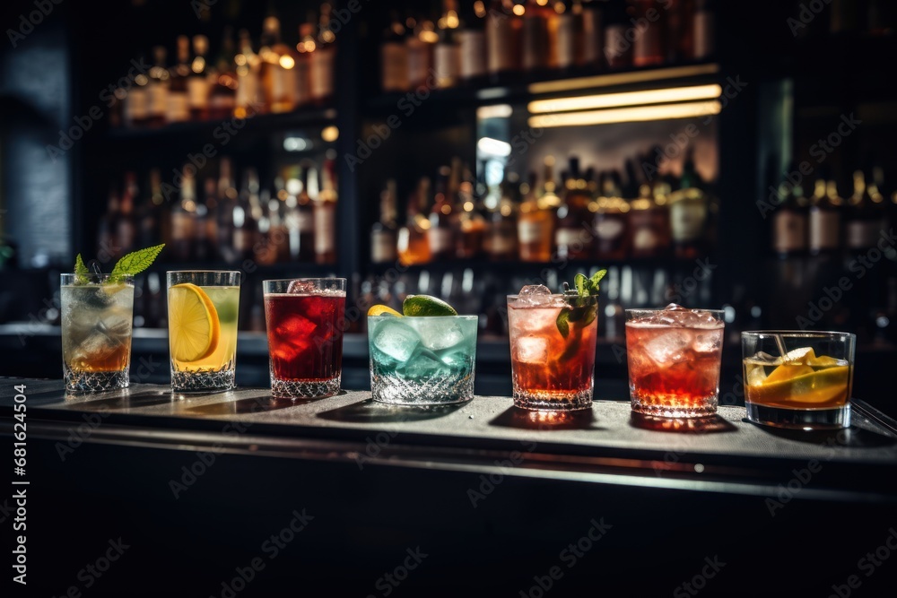 a row of glasses sitting on top of a bar filled with different types of drinks on top of a wooden bar top next to a shelf with bottles of liquor. a row of glasses sitting on top of a bar filled with different types of drinks on top of a wooden bar top next to a shelf with bottles of liquor.