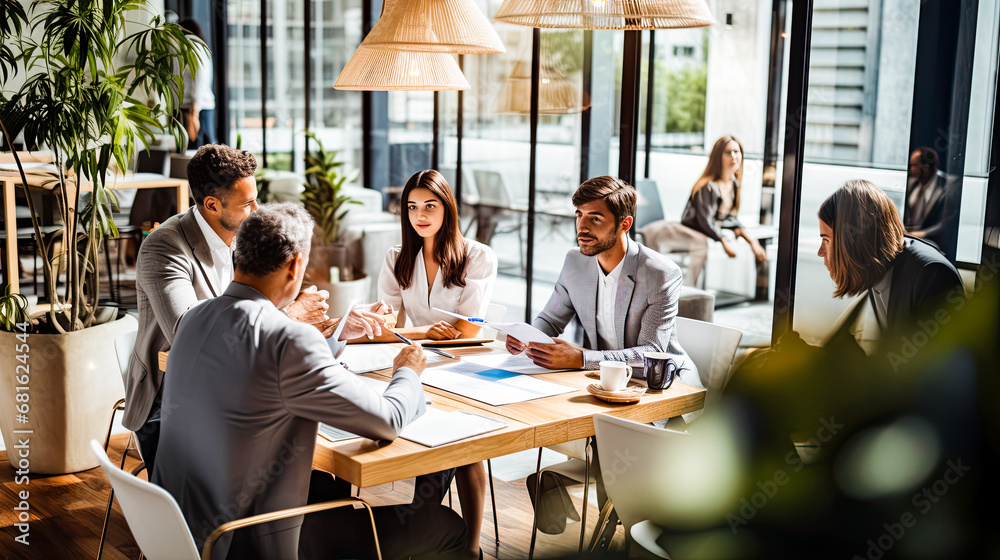 group of people discussing in minute meeting presentation at a conference in a friendly atmosphere in a modern office.